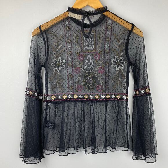 Altar’d State Black Boho Mesh Embroidered Bell Sleeve Blouse XS - Picture 6 of 9